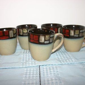 Mikasa Stoneware Coffee Mugs 'Santa Fe' Brown, Rust, & Beige Set of 5. R-731